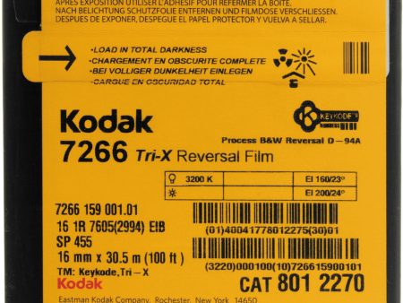 Kodak Tri-X Black-and-White Reversal Film #7266 | 16mm, 100  Roll, Single Perf Hot on Sale